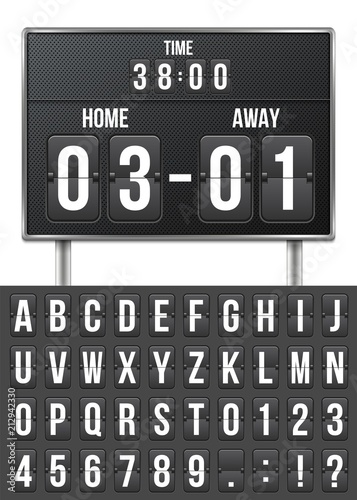 Creative vector illustration of soccer, football mechanical scoreboard isolated on transparent background. Art design retro vintage countdown with time, result display. Concept graphic sport element