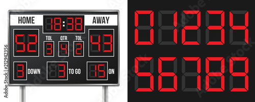Creative vector illustration of american football scoreboard with infographics isolated on transparent background. Art design sport game score with digital LED dots. Abstract concept graphic element.