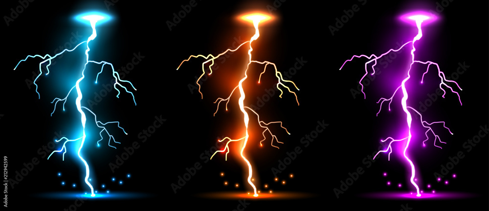 Obraz premium Creative vector illustration of realistic lightnings set isolated on transparent background. Art design thunder bolt, storm, sparkle magic effect. Abstract concept graphic electric energy element.