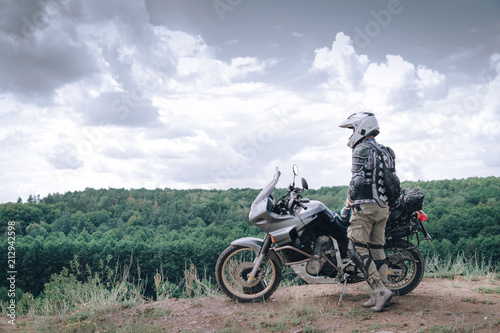 Adventure motorcycle, Motorcyclist gear, A motorbike driver looks, concept of active lifestyle, enduro travel road trip