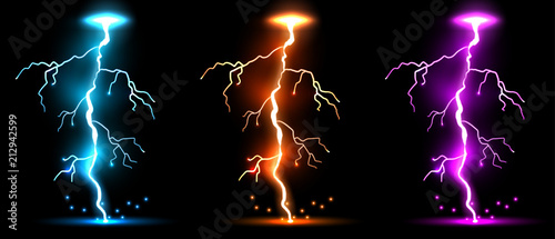 Creative vector illustration of realistic lightnings set isolated on transparent background. Art design thunder bolt, storm, sparkle magic effect. Abstract concept graphic electric energy element.
