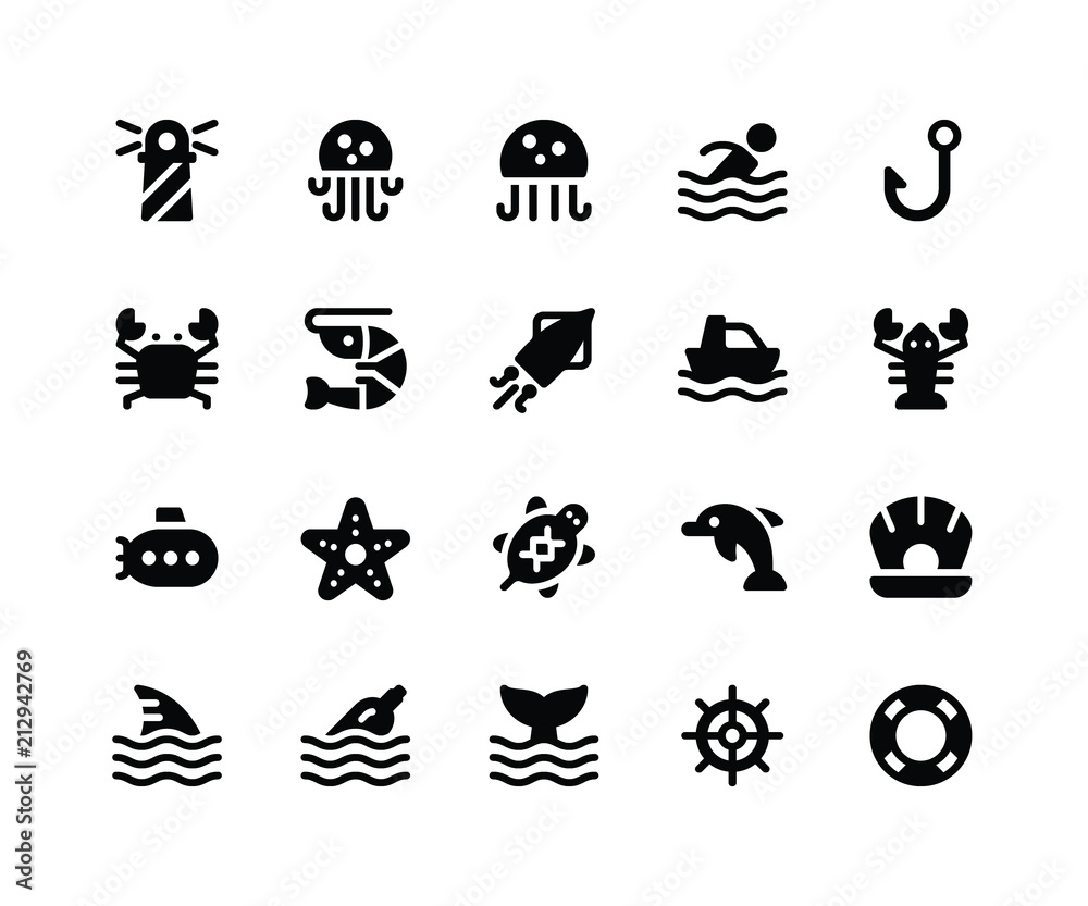 Simple Set of Camping Related Vector Glyph Icons. Contains such Icons as Lighthouse, Jellyfish, Crab, Shrimp, Squid and More. pixel perfect vector icons based on 32px grid. Well Organized and Layered.