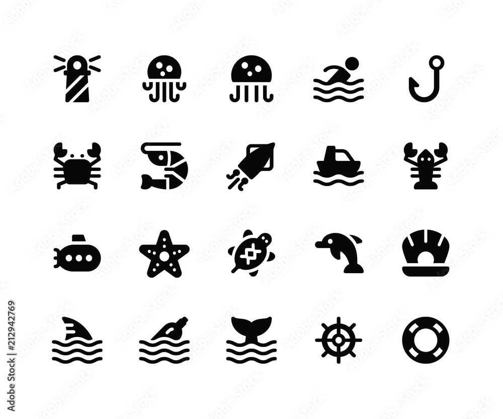 Simple Set of Camping Related Vector Glyph Icons. Contains such Icons as Lighthouse, Jellyfish, Crab, Shrimp, Squid and More. pixel perfect vector icons based on 32px grid. Well Organized and Layered. Simple Set of Camping Related Vector Glyph Icons. Contains such Icons as Lighthouse, Jellyfish, Crab, Shrimp, Squid and More. pixel perfect vector icons based on 32px grid. Well Organized and Layered.