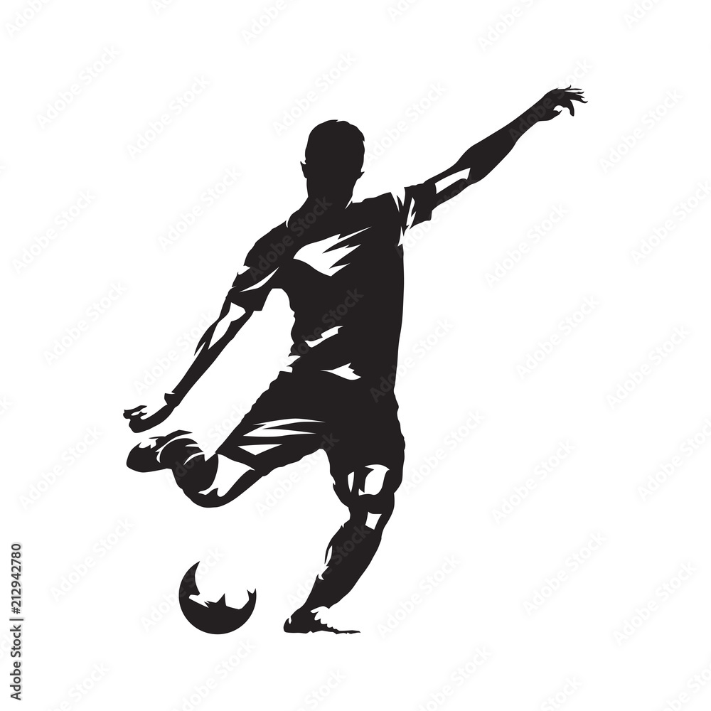 Fototapeta premium Piłkarz kopiąc piłkę, sylwetka wektor na białym tle. Fooballer biegający z piłką. Piłka nożna, sport zespołowy