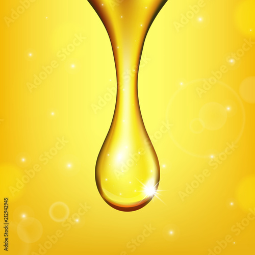 Creative vector illustration of realistic olive fuel golden liquid, yellow oil drop, sparkling collagen, honey isolated on transparent background. Art design. Abstract concept graphic element