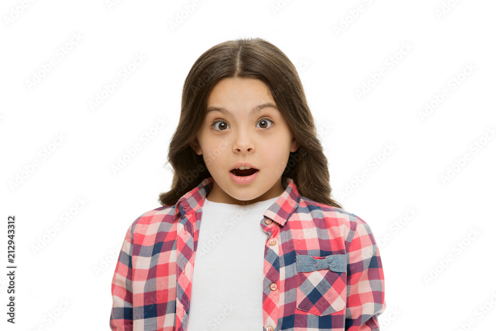 Kid with shocked look isolated on white. Girl with long brunette hair. Little child in casual style. Beauty salon. Shocking news Kid with shocked look isolated on white. Girl with long brunette hair. Little child in casual style. Beauty salon. Shocking news
