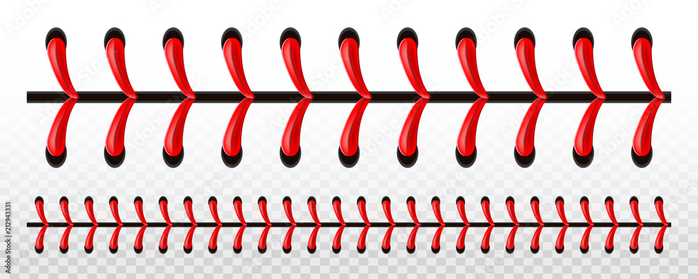Creative vector illustration of sports baseball ball stitches, red lace seam isolated on transparent background. Art design thread decoration. Abstract concept graphic element