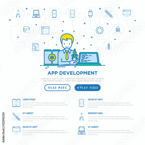 App development concept: developer coding on laptop. Thin line icons: writing code, multitasking, smart watch app, engineering, updates, cloud database. Modern vector illustration, web page template.