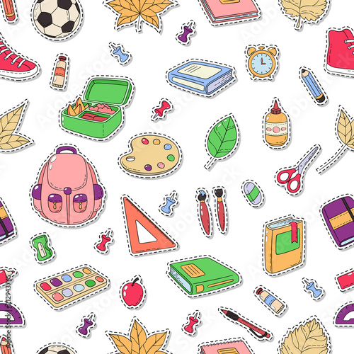 Seamless background, pattern, wallpaper, texture. Template for flyer, advertisement, banner. Vector Doodle Icons Collection. School supplies. Back to school, first day of study.