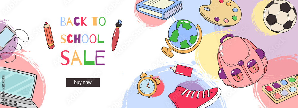 Back to school template. Set of school accessories. Template for advertising, printing, banner. Sale, special offers