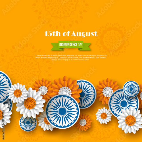 Indian Independence day holiday design. 3d wheels with flowers in traditional tricolor of indian flag. Paper cut style. Orange background. Vector illustration.
