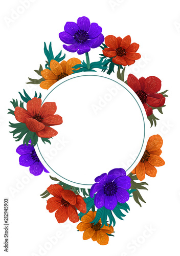 Wild flowers circle frame. Color pencil digital illustration. Vertical Design...
