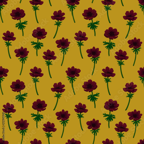 Floral seamless pattern. Red anemones pattern on mustard yellow background. C...
