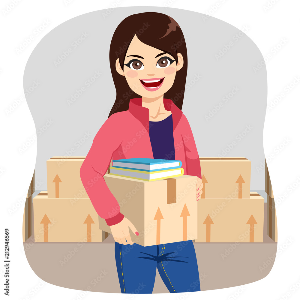 Beautiful young student woman preparing cardboard boxes moving to college dorm Beautiful young student woman preparing cardboard boxes moving to college dorm