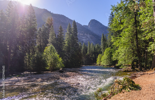 The Merced river on a sunny summer's afternoon, flowing through Yosemite Valley. Yosemite National Park, California.