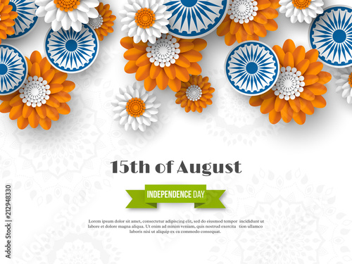 Indian Independence day holiday design. 3d wheels with flowers in traditional tricolor of indian flag. Paper cut style. White background. Vector illustration.