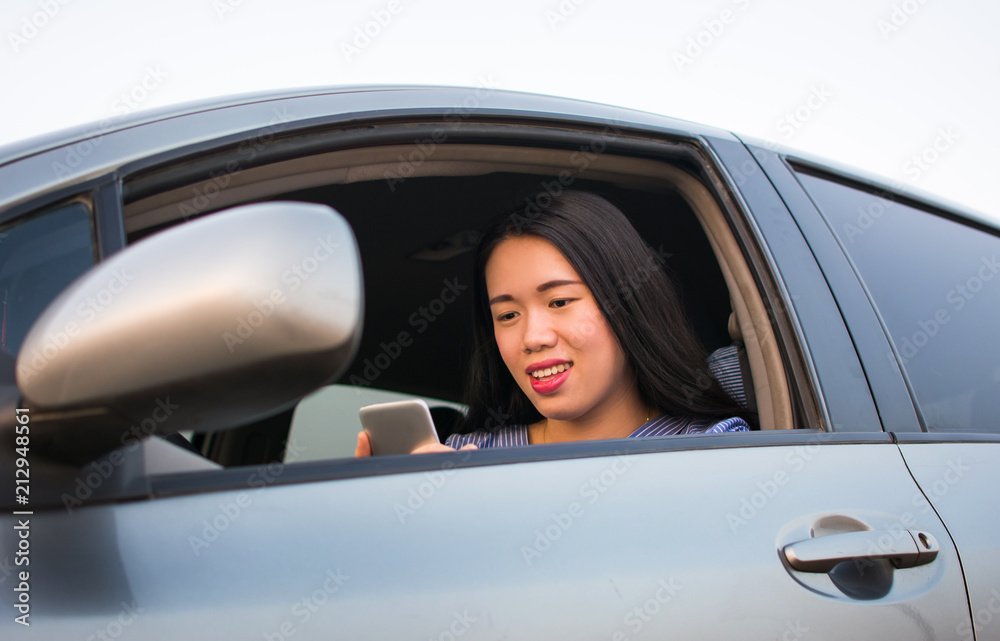 Asian girl using phone in car