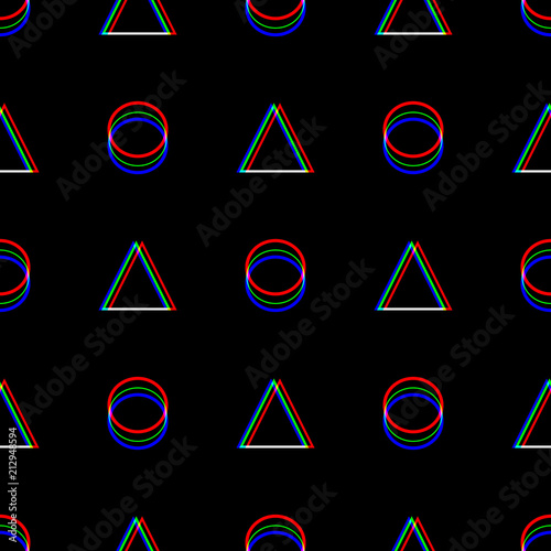 Vector seamless Glitch pattern . Color on black background. Triangle and circle. Digital pixel noise abstract design. Television signal fail. Technical problem grunge wallpaper. Repeat print.