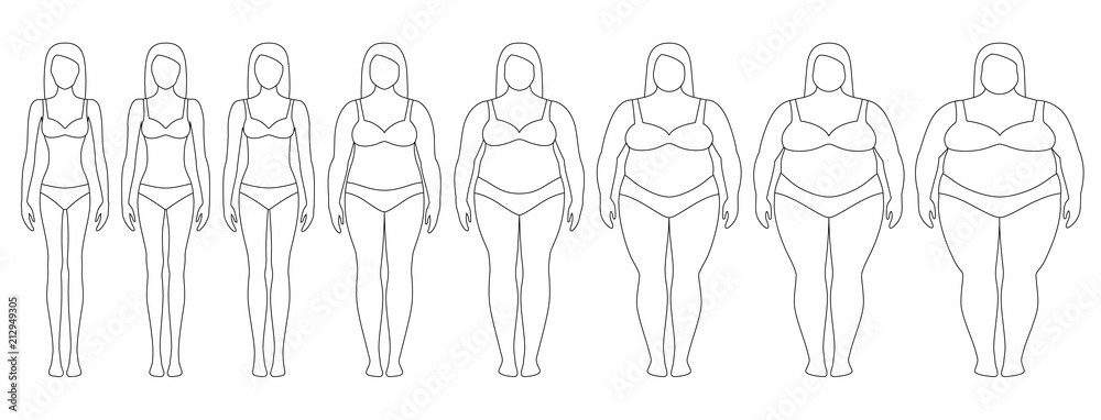 Vector illustration of woman silhouettes with different weight from anorexia to extremely obese. Body mass index, weight loss concept. Vector illustration of woman silhouettes with different weight from anorexia to extremely obese. Body mass index, weight loss concept.