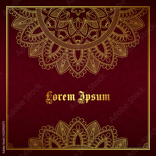 Greeting card, invitation or flyer template with golden mandala ornament. Hand drawn vector illustration