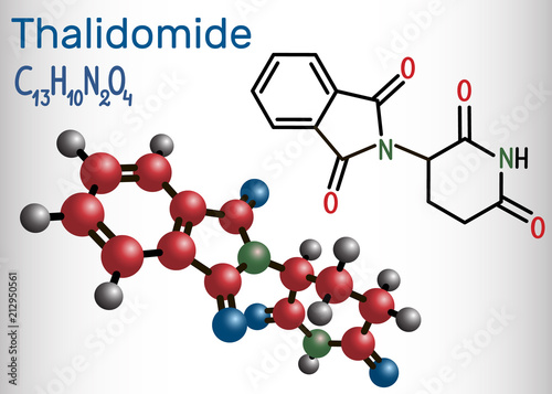 Thalidomide molecule. Is used as a treatment of multiple myeloma and of leprosy. Structural chemical formula and molecule model photo