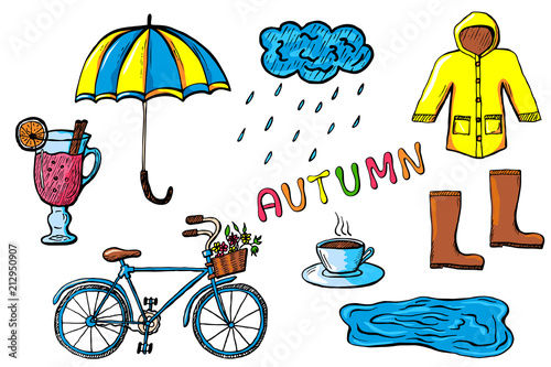 Set of hand drawn autumn icons. Seasonal clothes and weather design elements. Color vector illustration isolated on white background