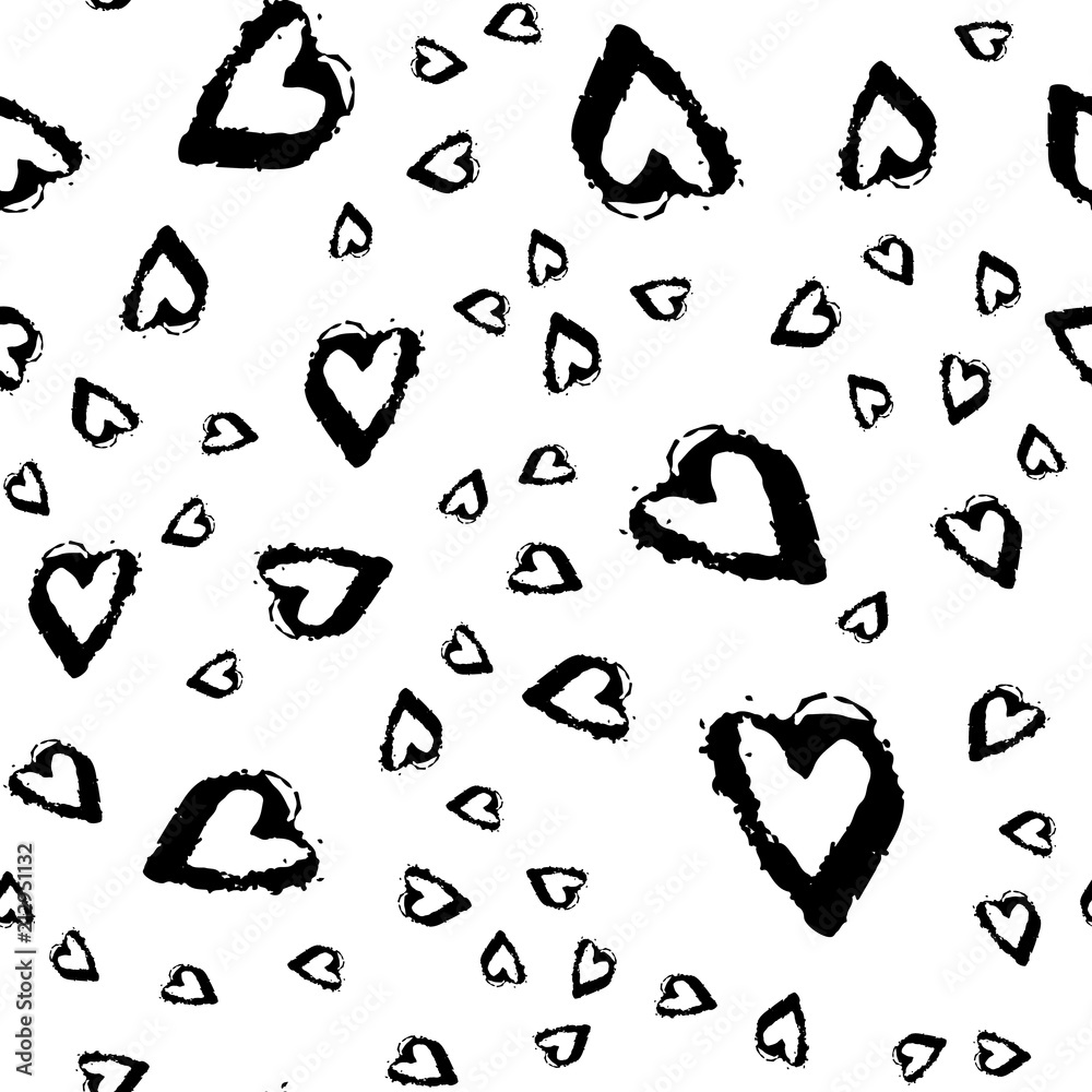 Vector seamless pattern with brush heartss. Black color on white background. Hand painted grange texture. Ink grange elements. Decorative ornament of love sign. Repeat fabric print.