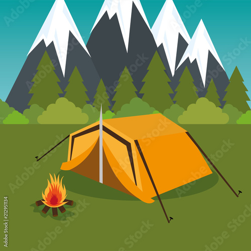 camping zone with tent and campfire