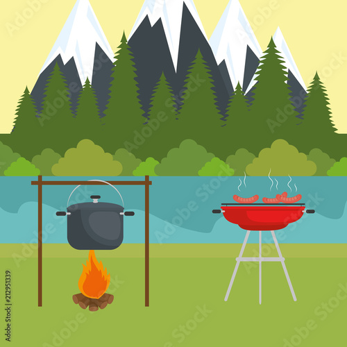 camping zone with pot cooking and campfire