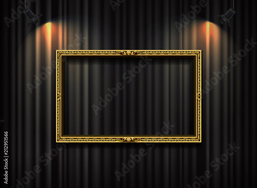 gold frame with spotlight on curtain background vector