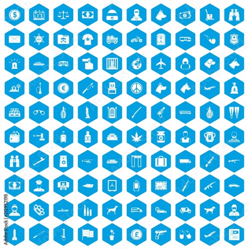 100 smuggling  icons set in blue hexagon isolated vector illustration