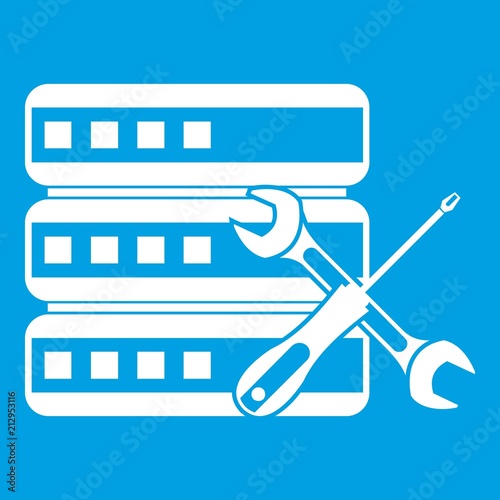 Database with screwdriver and spanner icon white isolated on blue background vector illustration