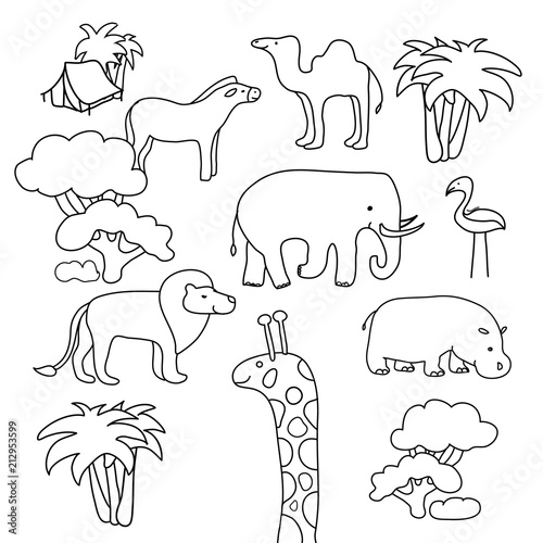 Collection of African animals in a contour flat line art. Zebra camel elephant lion flamingo hippo and giraffe. Use as illustration for coloring book. Vector linear isolated hand draw illustration