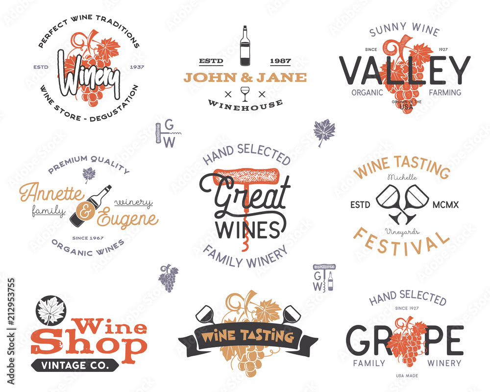 Wine logos, labels set. Winery, wine shop, vineyards badges collection. Retro colors. Typographic hand drawn design illustration. Stock emblems and icons isolated on white background