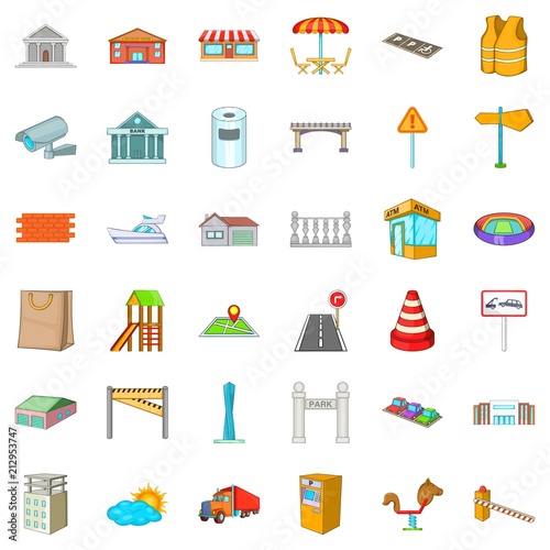 City landscape icons set. Cartoon style of 36 city landscapevector icons for web isolated on white background