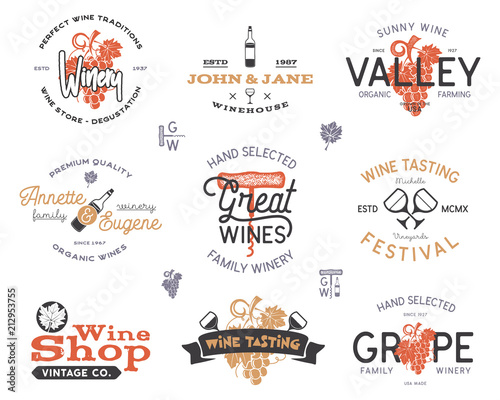 Wine logos, labels set. Winery, wine shop, vineyards badges collection. Retro colors. Typographic hand drawn design illustration. Stock emblems and icons isolated on white background