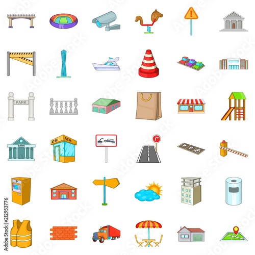 City building icons set. Cartoon style of 36 city building vector icons for web isolated on white background