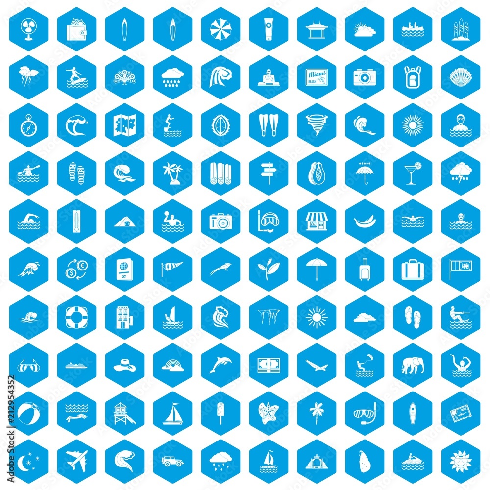 100 surfing icons set in blue hexagon isolated vector illustration 100 surfing icons set in blue hexagon isolated vector illustration