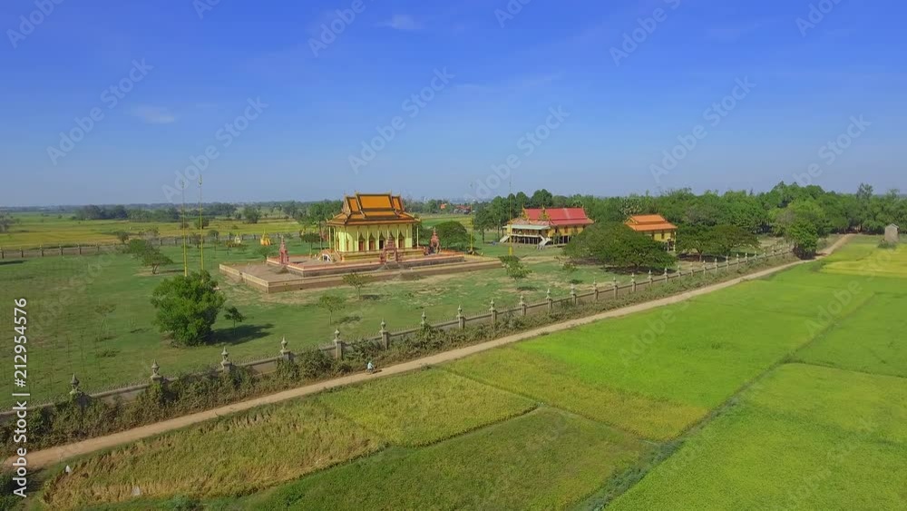 aerial slider shot of a farmer riding bike on an earth path through rice fields. Pagoda in the background aerial slider shot of a farmer riding bike on an earth path through rice fields. Pagoda in the background