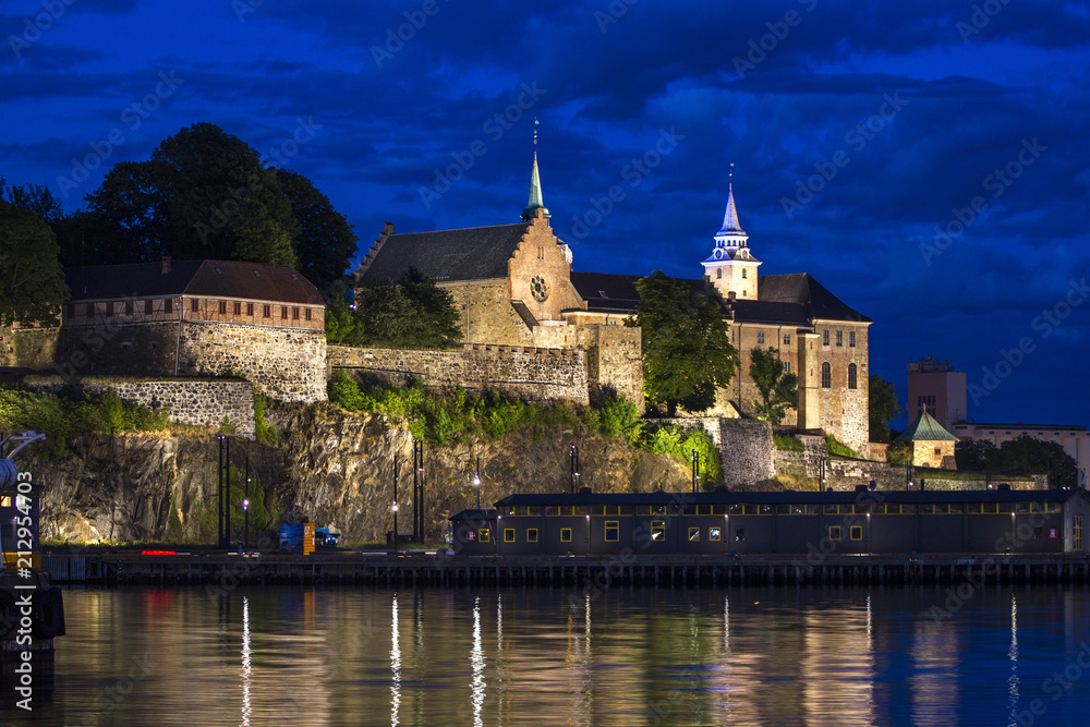 Akershus Fortress and Castle at night in Oslo, the capital of Norway