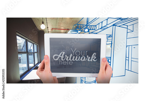 User Holding a Tablet Device in an Office Setting Mockup