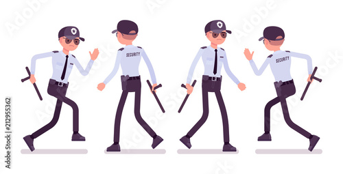 Male security guard walking and running