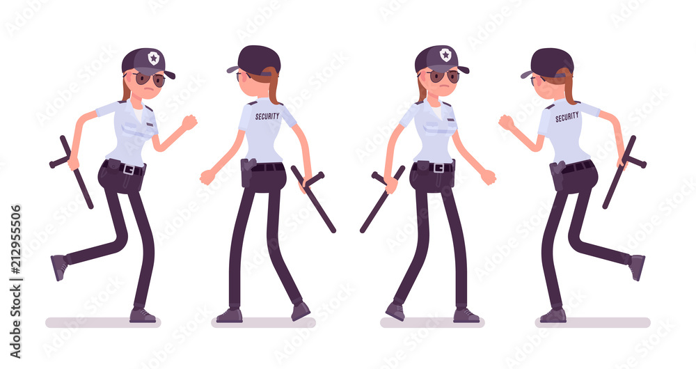 Female security guard walking and running Female security guard walking and running