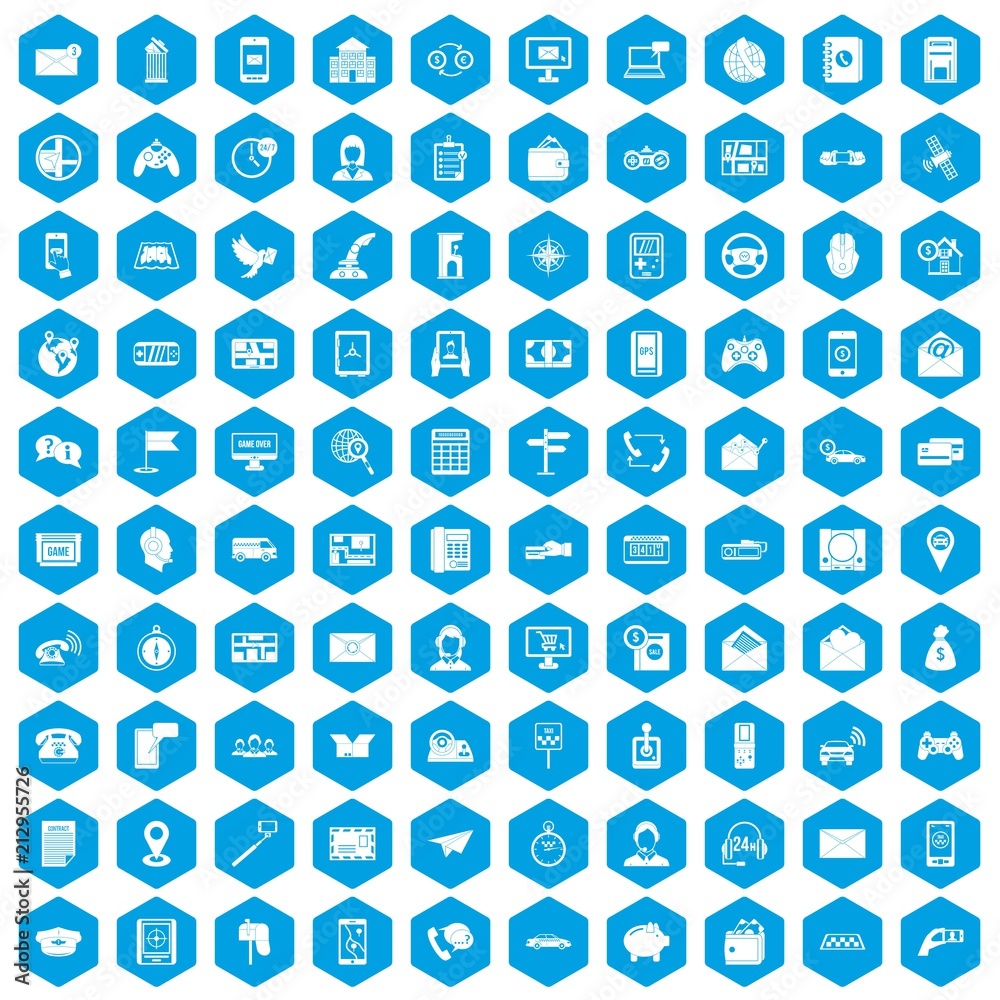 100 telephone icons set in blue hexagon isolated vector illustration 100 telephone icons set in blue hexagon isolated vector illustration