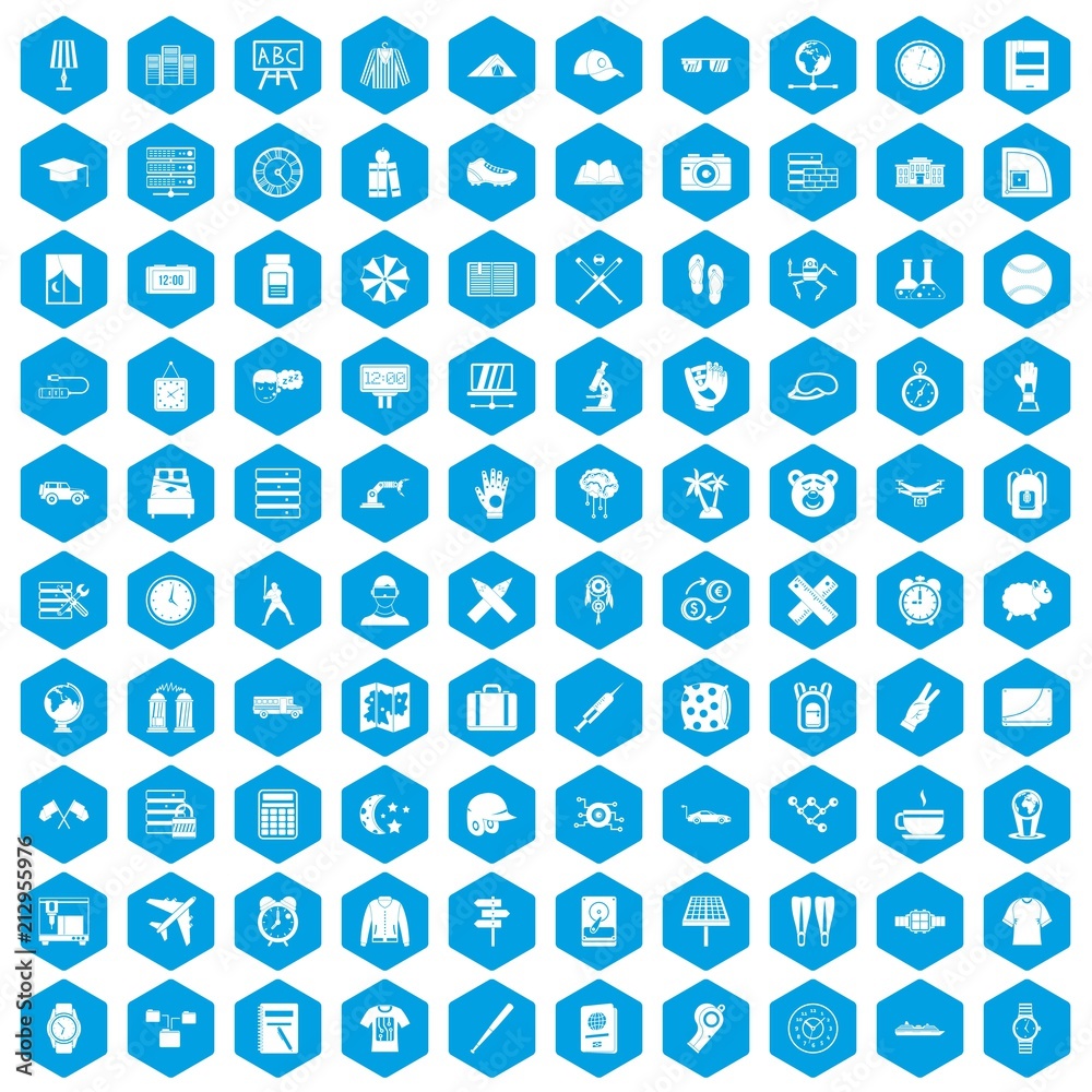 100 time icons set in blue hexagon isolated vector illustration