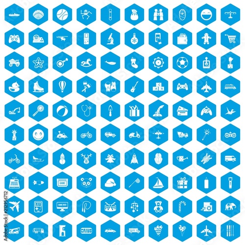 100 toys for kids icons set in blue hexagon isolated vector illustration