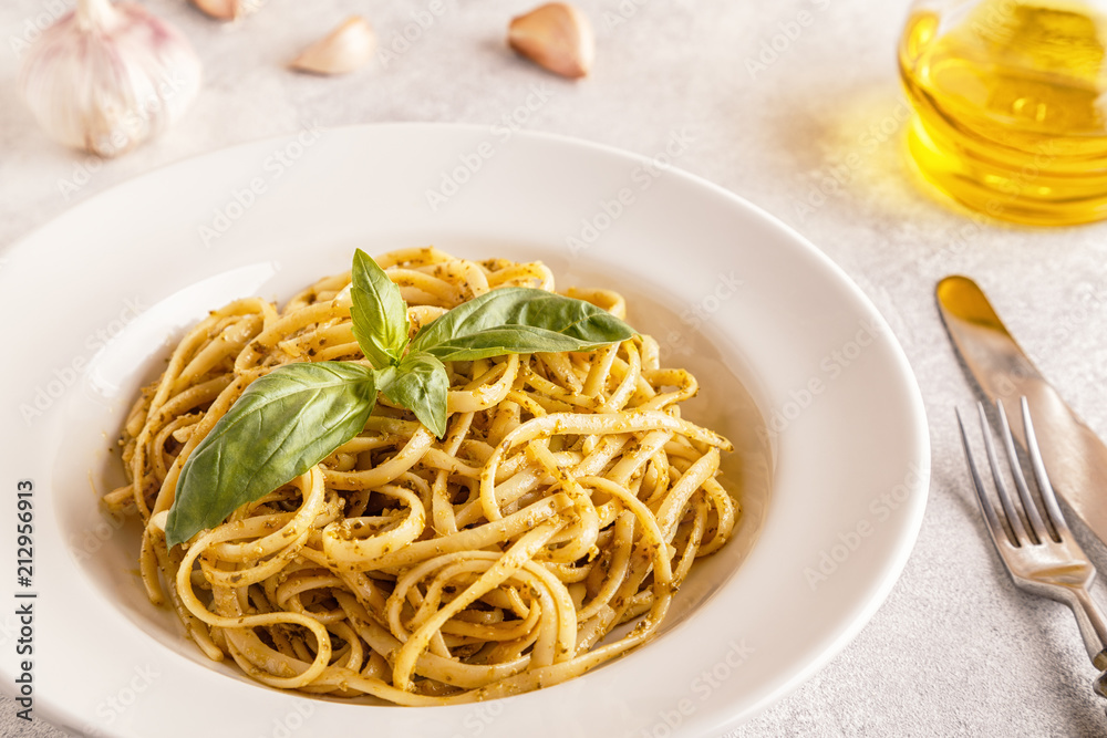 Pasta with homemade pesto sauce. Pasta with homemade pesto sauce.