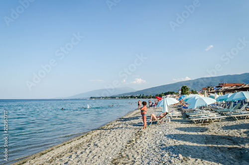 Leptokarya, Greece - June 10, 2018: Beach at sea in Leptokarya, Greece