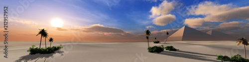 Panorama of the desert of sand at sunset. Pyramids in the desert at sunset.  3D rendering  