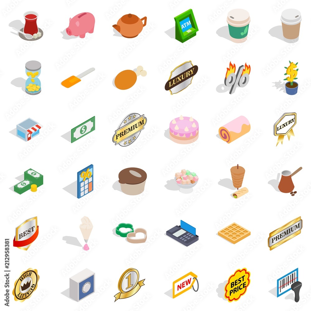 Hot drink icons set. Isometric style of 36 hot drink vector icons for web isolated on white background Hot drink icons set. Isometric style of 36 hot drink vector icons for web isolated on white background